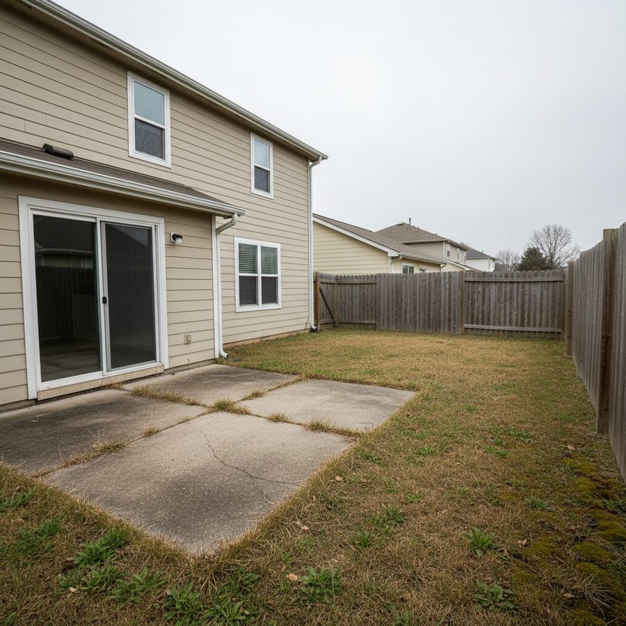 Backyard before: cracked concrete patio and patchy lawn